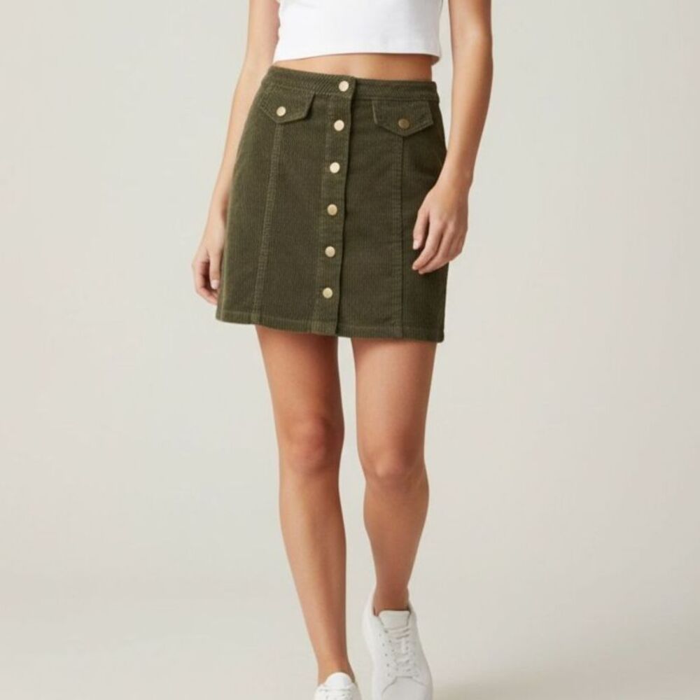 Blue Spice Olive Green Corduroy Button Front Mini Skirt Snap Pockets Sz 0 Fall